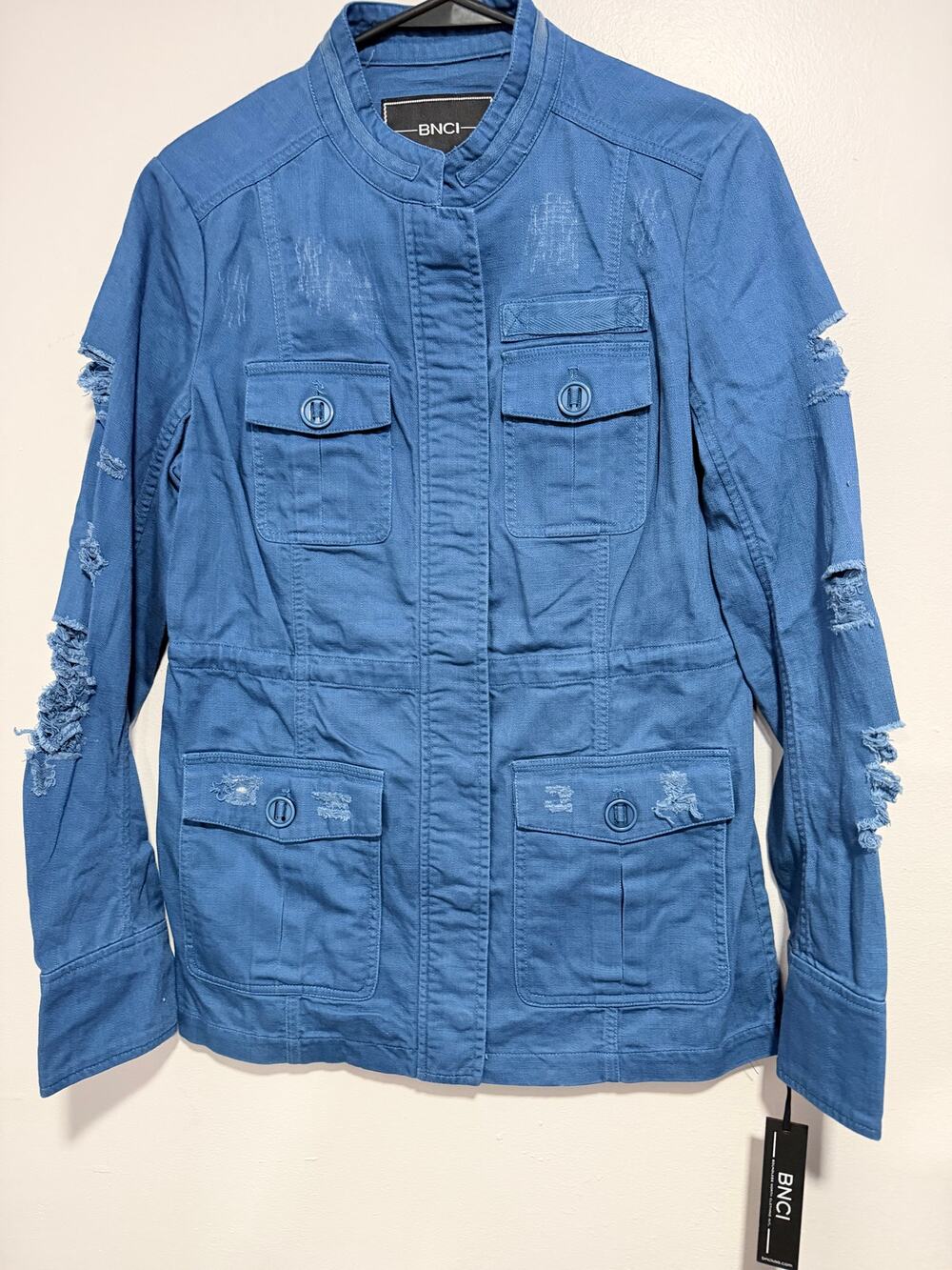NEW BNCI Blanc Noir Distressed Utility Cargo Jacket Blue Snap Button Women's S